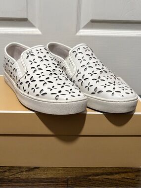 MICHAEL Michael Kors White Laser-Cut Slip-On Sneakers with MK Accent